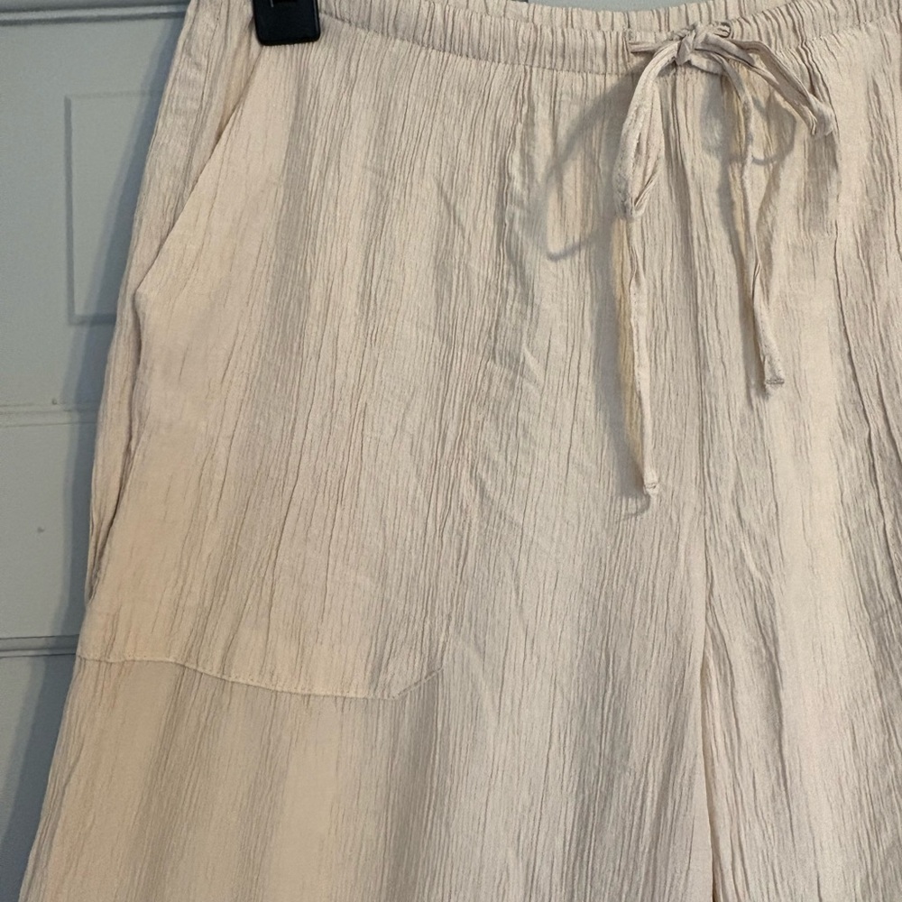Zara Size S Beige Wide Leg Drawstring Crepe Pants Linen Blend Look - Picture 3 of 5